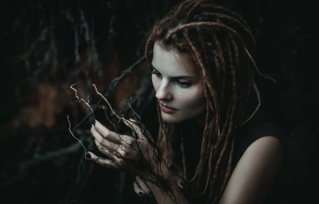 Photo wallpaper look, girl, branches, style, portrait, hands, dreadlocks, cosplay