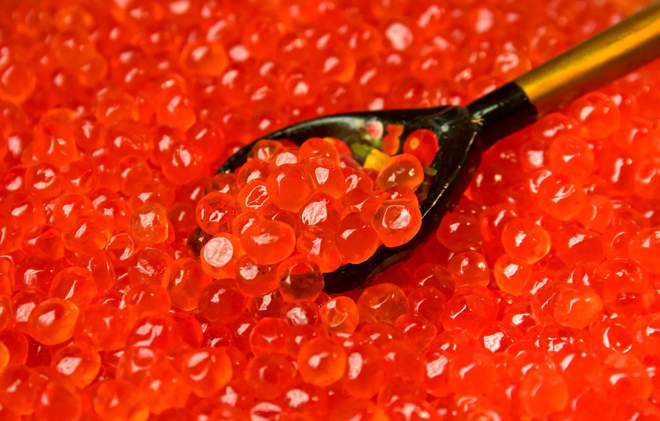 Photo wallpaper red, spoon, caviar, granular, salmon