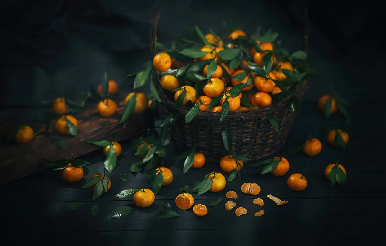 Photo wallpaper leaves, basket, citrus, still life, tangerines