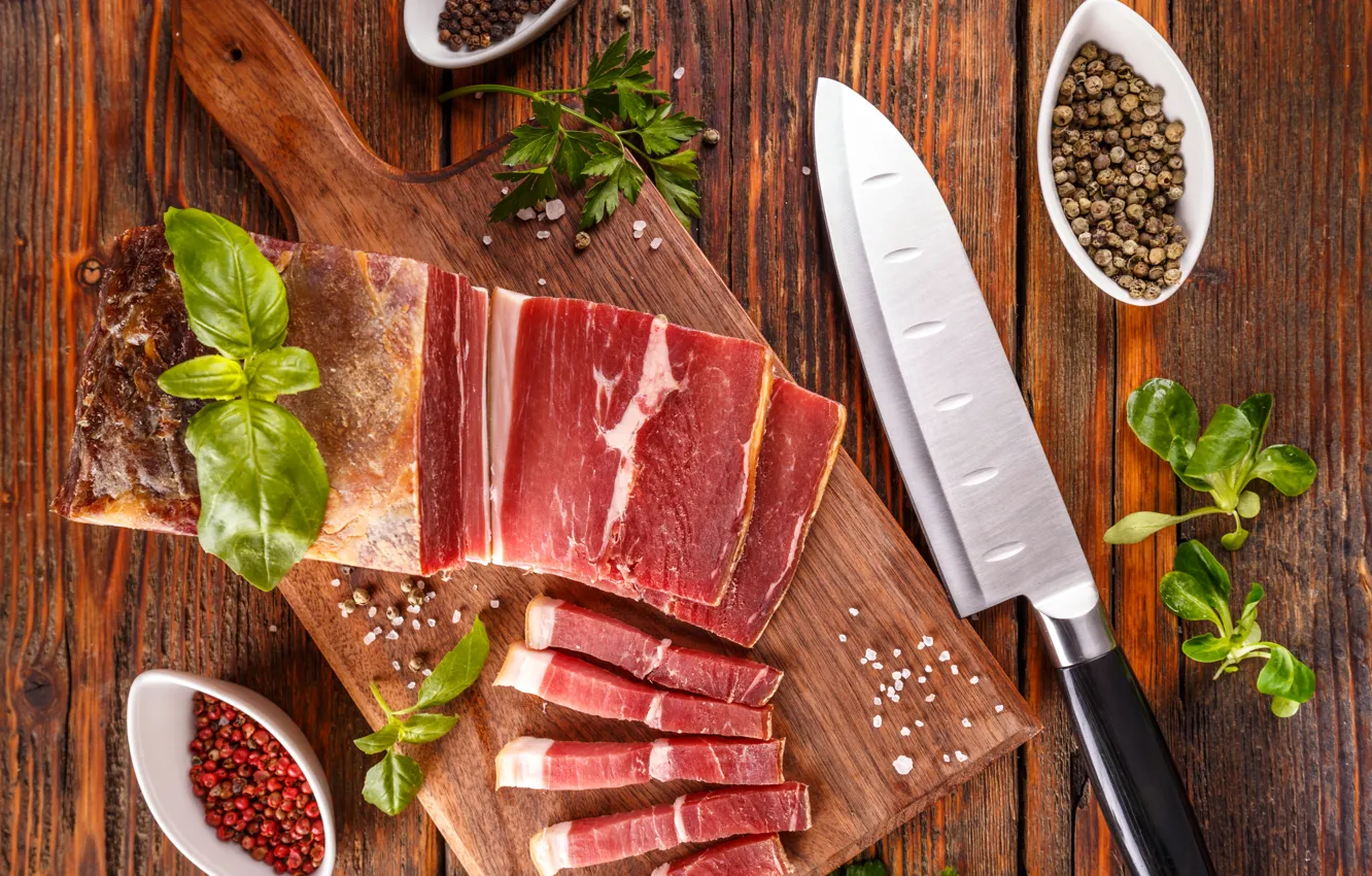Photo wallpaper knife, greens, spices, meat, fat, cutting
