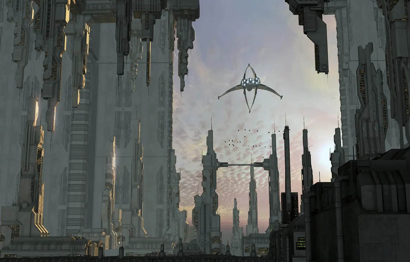 Photo wallpaper sky, clouds, spaceship, Towers, Shadow City