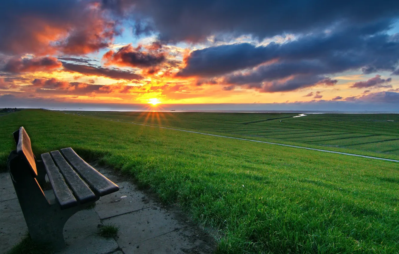 Photo wallpaper field, sunset, bench