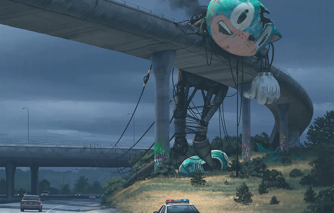 Photo wallpaper bridge, track, something, giant, cars, the mascot