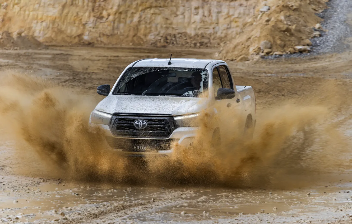 Photo wallpaper white, puddle, dirt, Toyota, pickup, Hilux, Special Edition, 2019