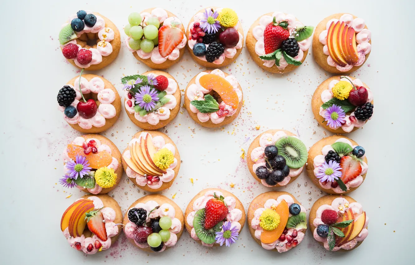 Photo wallpaper decoration, flowers, berries, cake, fruit, cream, dessert, cakes