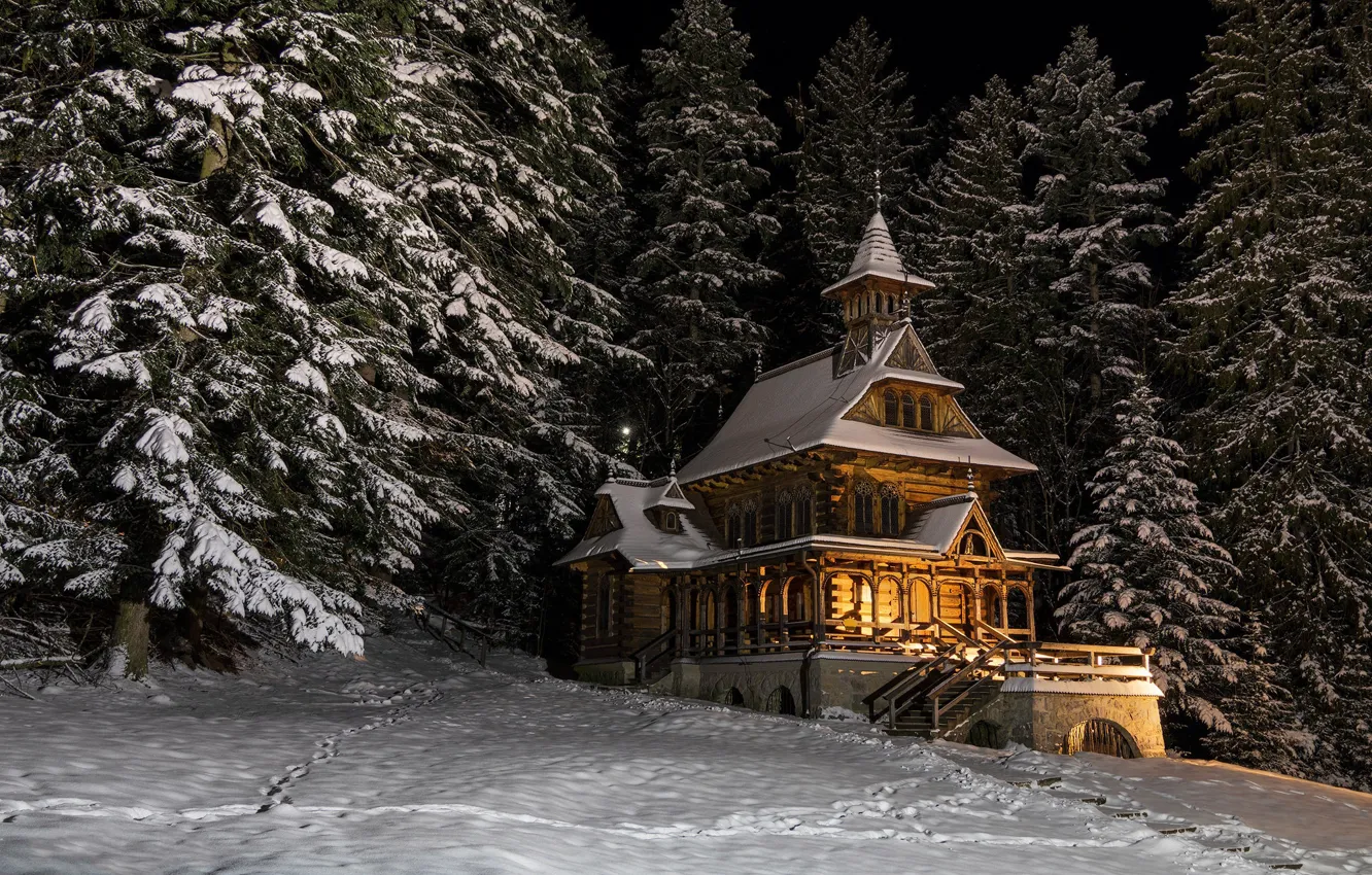 Photo wallpaper winter, snow, night, home