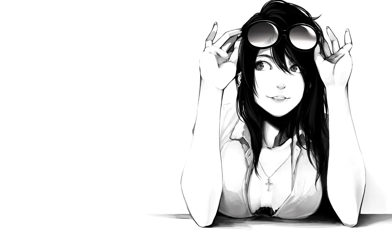 Photo wallpaper chest, girl, smile, glasses, gesture, art, monochrome, poaro