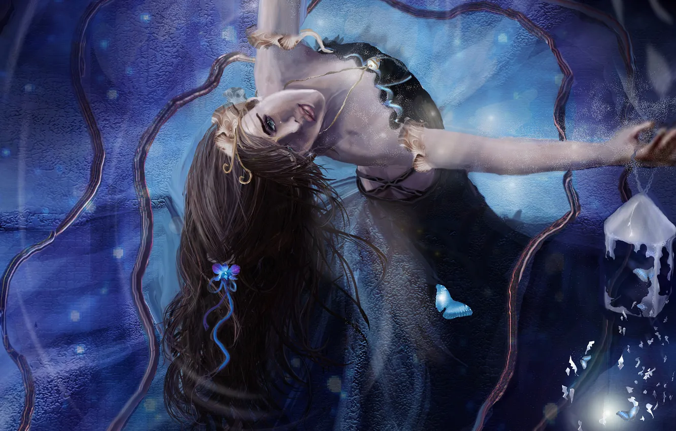 Photo wallpaper look, girl, light, face, butterfly, hair, dance, lights