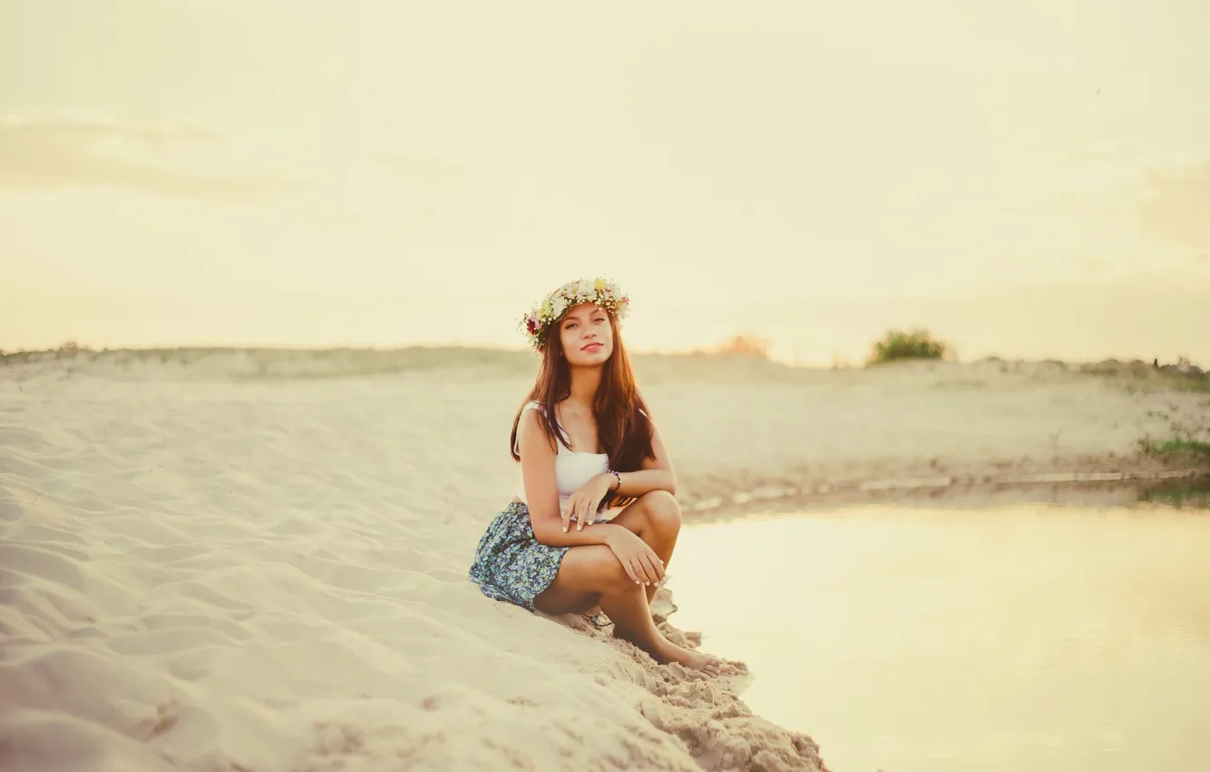 Photo wallpaper sand, girl, the sun, pond, hair, a crown of flowers