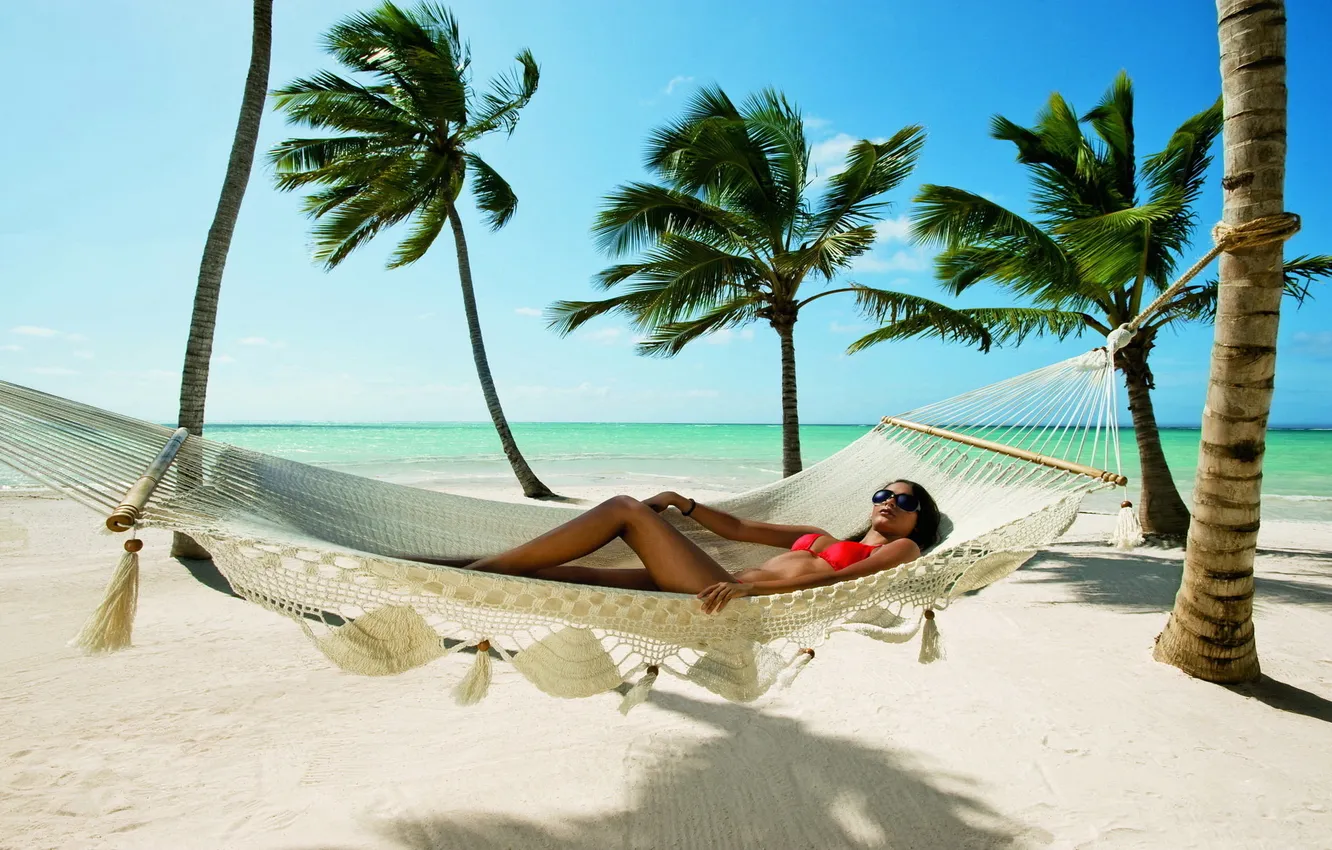 Photo wallpaper sand, beach, palm trees, the ocean, hammock