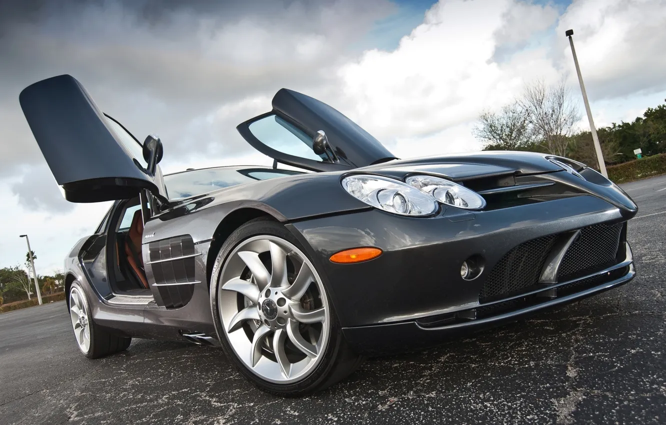 Photo wallpaper the sky, grey, McLaren, Mercedes-Benz, SLR, the door, supercar, drives