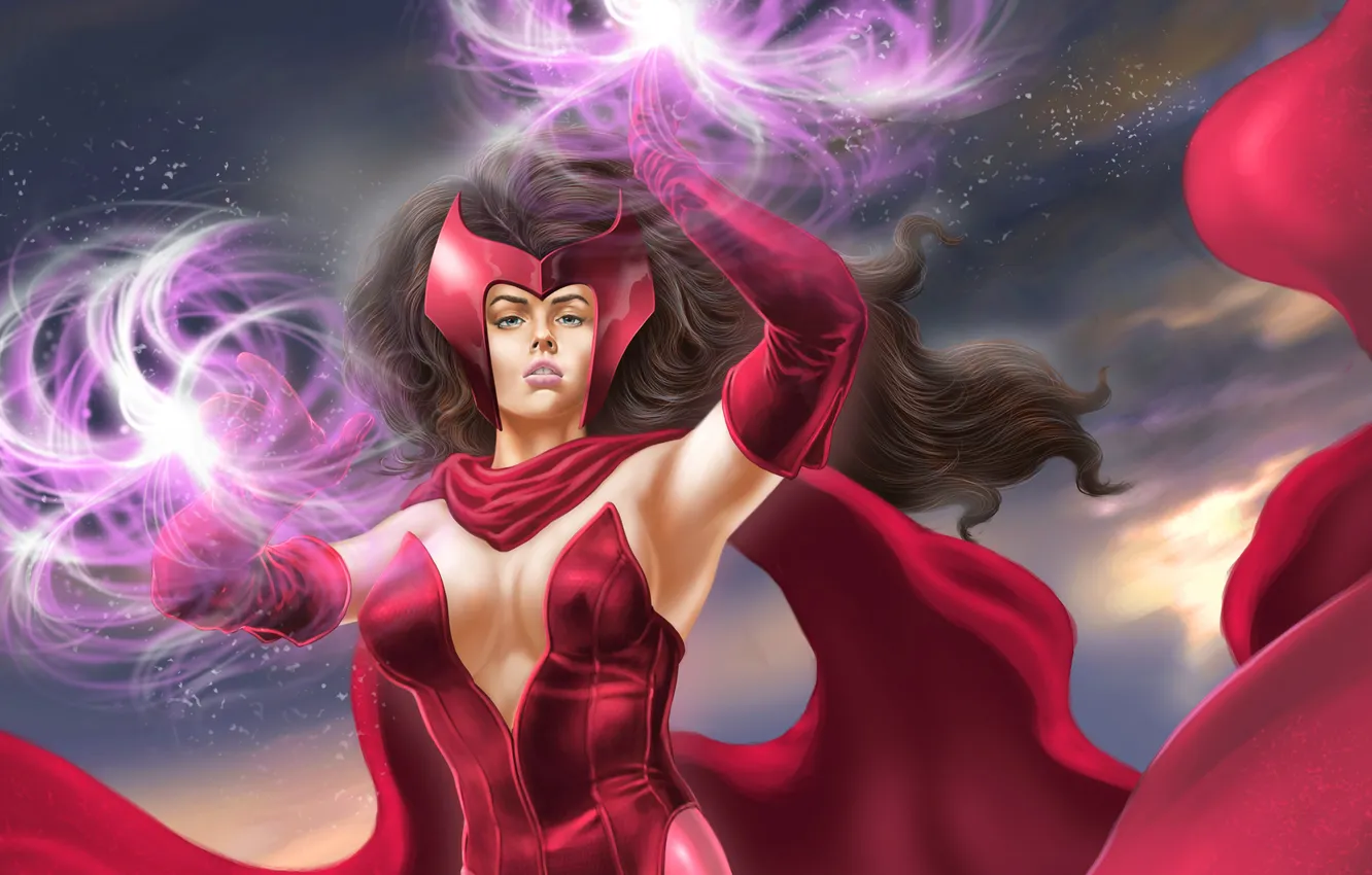 Photo wallpaper fiction, art, costume, red, Marvel, ability, Scarlet Witch, scarlet witch