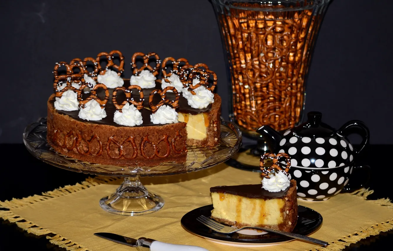 Photo wallpaper cake, cream, piece, teapot