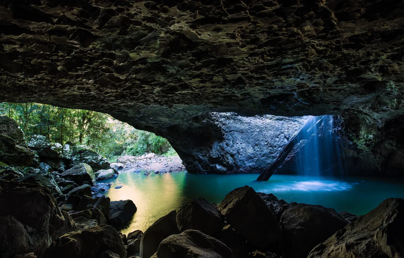 Photo wallpaper rock, trees, nature, water, lake, Cave, natural light