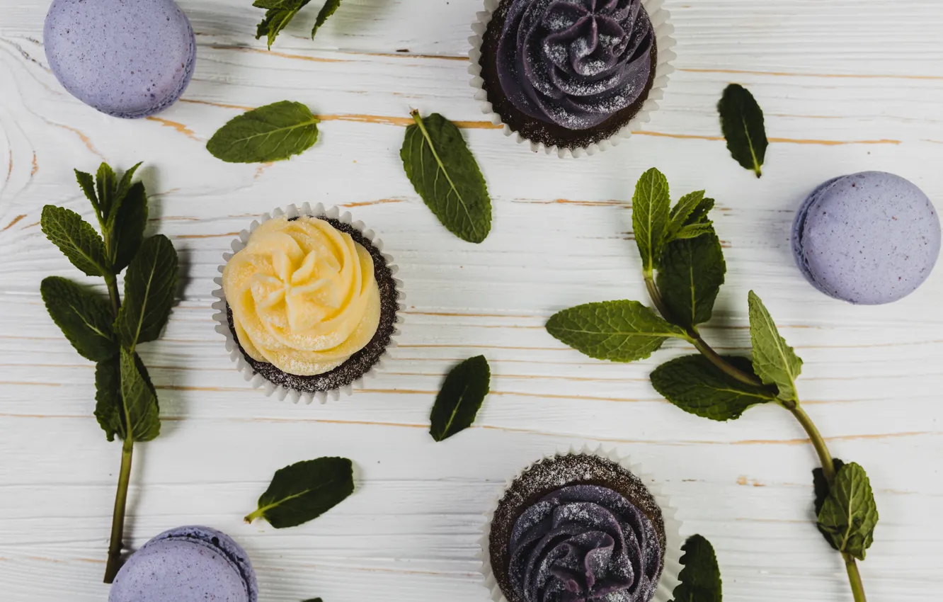 Photo wallpaper cookies, dessert, cupcakes, macaroons, Leaves, cupcakes