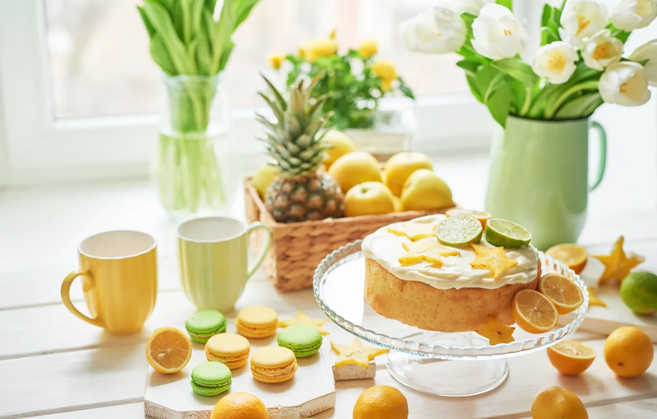 Photo wallpaper flowers, lemon, cookies, cake, lime, vase, dessert, macaroon