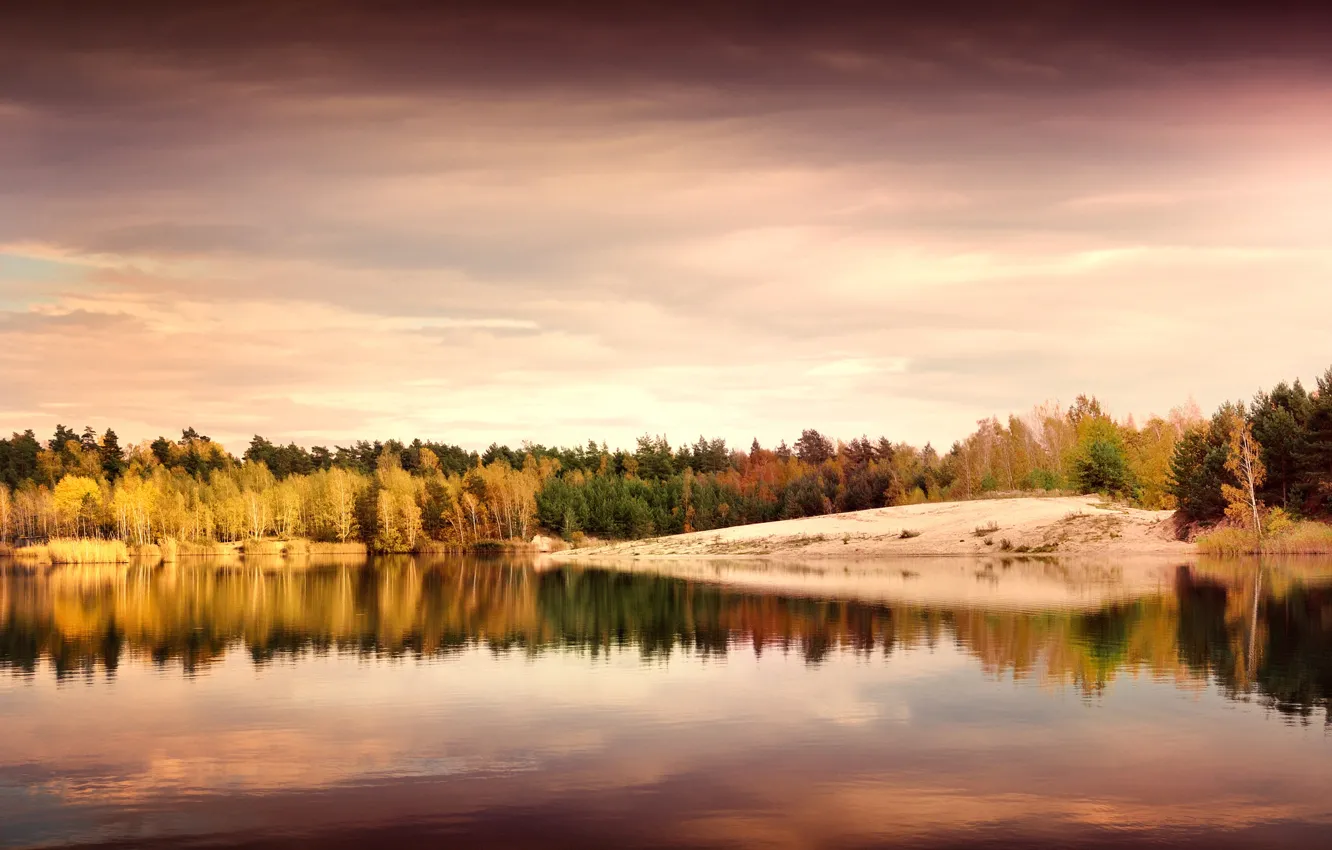 Photo wallpaper autumn, leaves, trees, landscape, nature, lake, reflection, shore