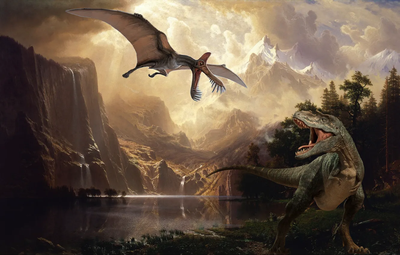 Photo wallpaper forest, mountains, nature, fog, lake, fiction, rocks, attack