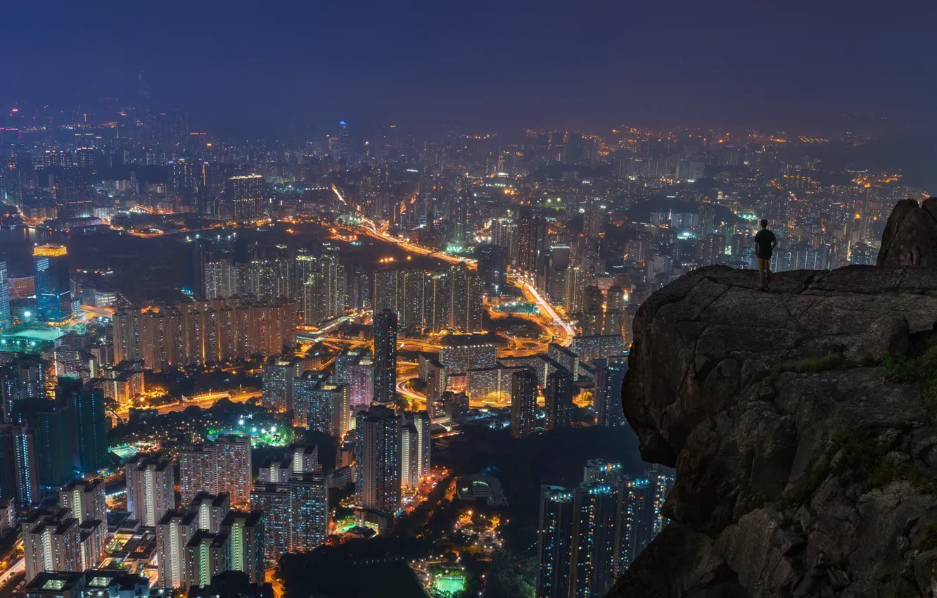 Photo wallpaper the sky, night, the city, lights, rocks, people