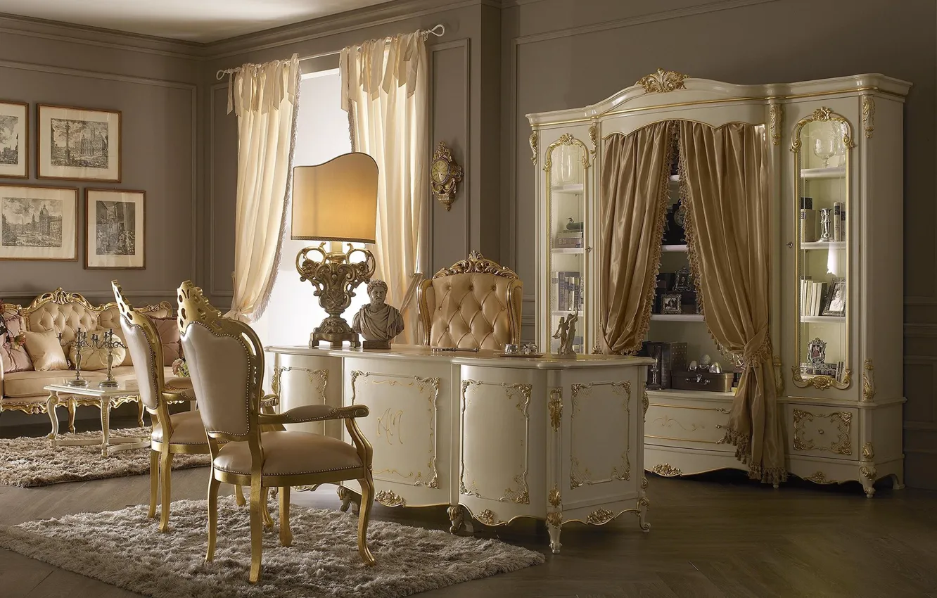 Photo wallpaper design, table, room, sofa, furniture, watch, lamp, interior