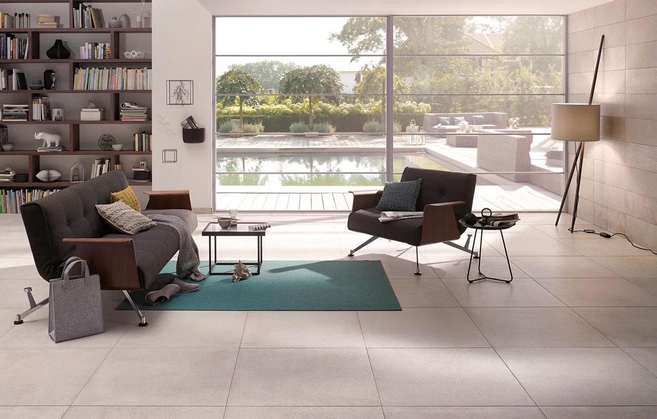 Photo wallpaper interior, pool, library, terrace, living room