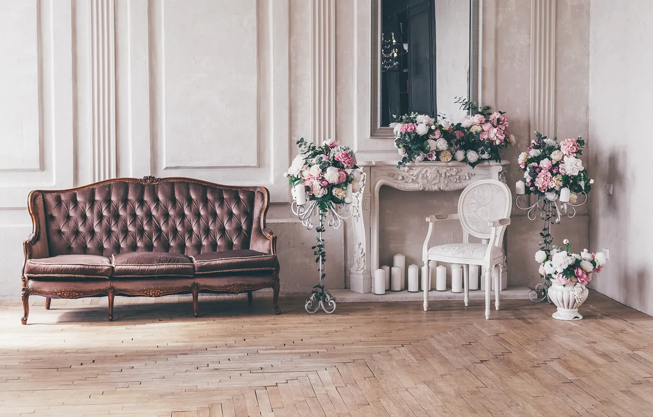Photo wallpaper flowers, design, style, interior, candles, chair, sofa, living room