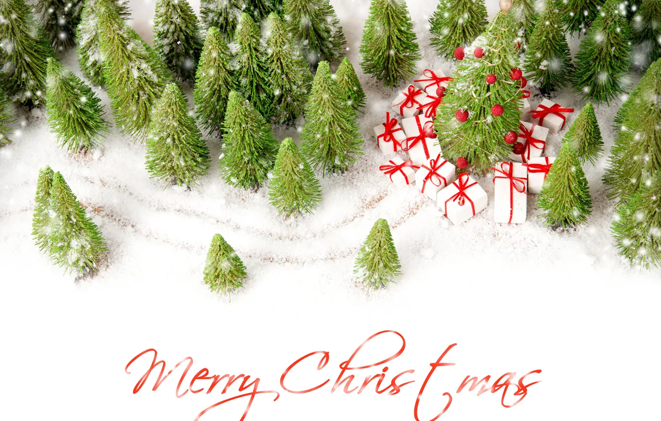 Photo wallpaper snow, the inscription, Christmas, gifts, New year, wish, tree