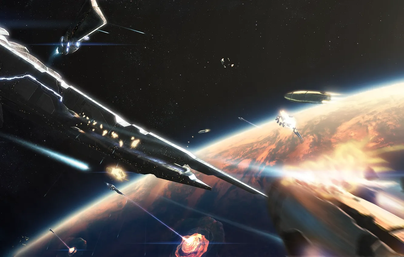 Photo wallpaper rays, planet, explosions, battle, shots, Spaceships