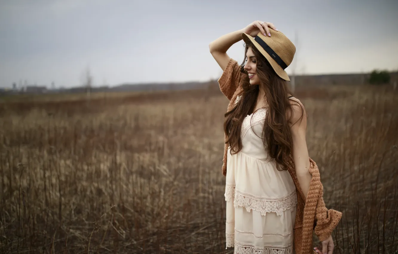 Photo wallpaper field, girl, pose, model, hair, hat, Victoria, Lukasz Struzik
