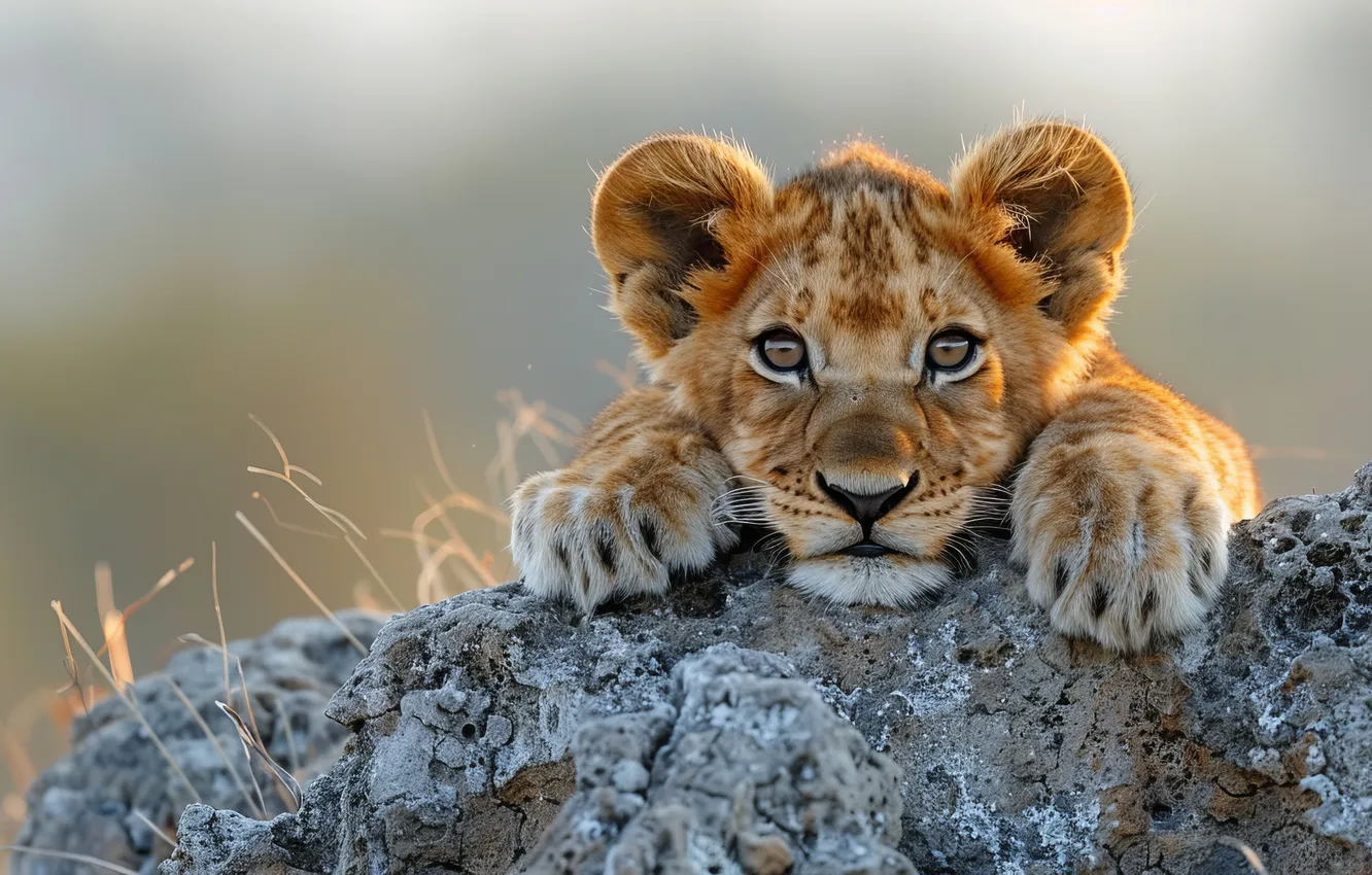 Photo wallpaper stones, predator, Leo, kitty, face, lion, big cat, digital art