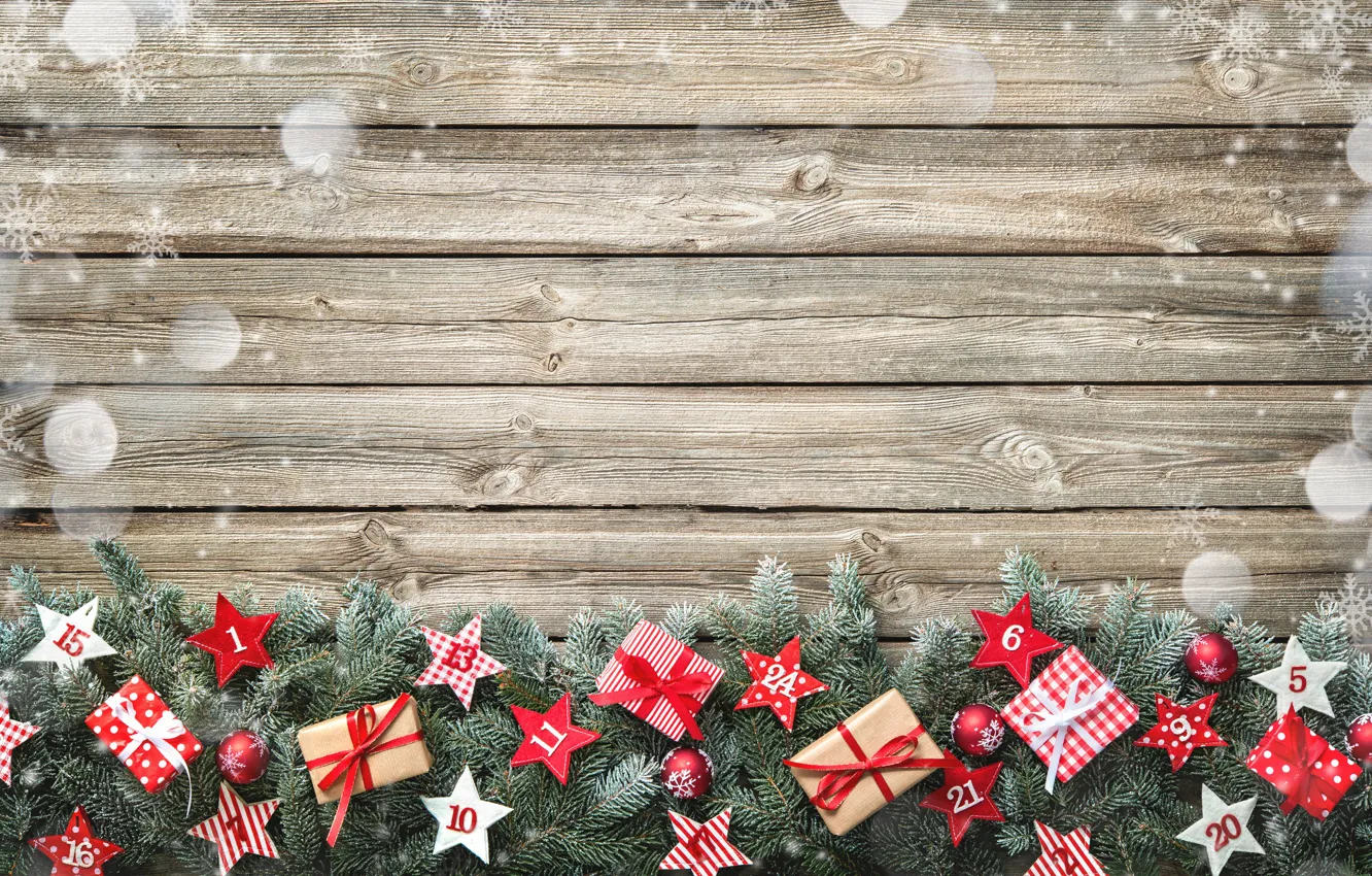 Photo wallpaper balls, branches, Board, stars, New Year, Christmas, gifts, balls