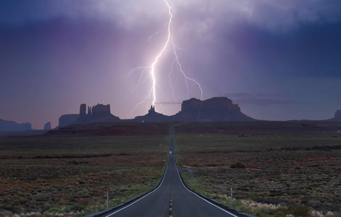 Photo wallpaper the storm, field, rocks, lightning, highway