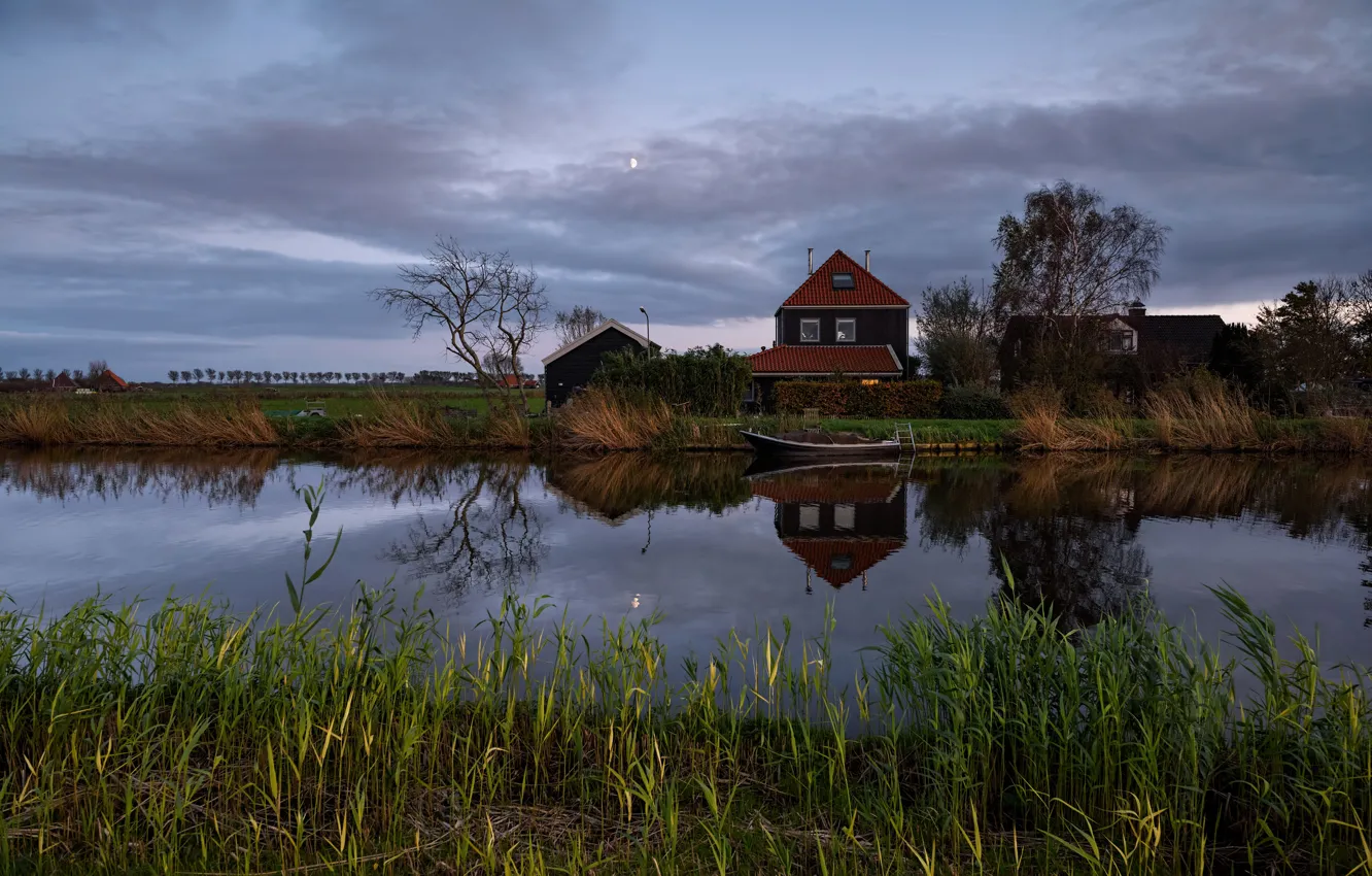 Photo wallpaper field, the sky, clouds, trees, boat, the evening, reed, house