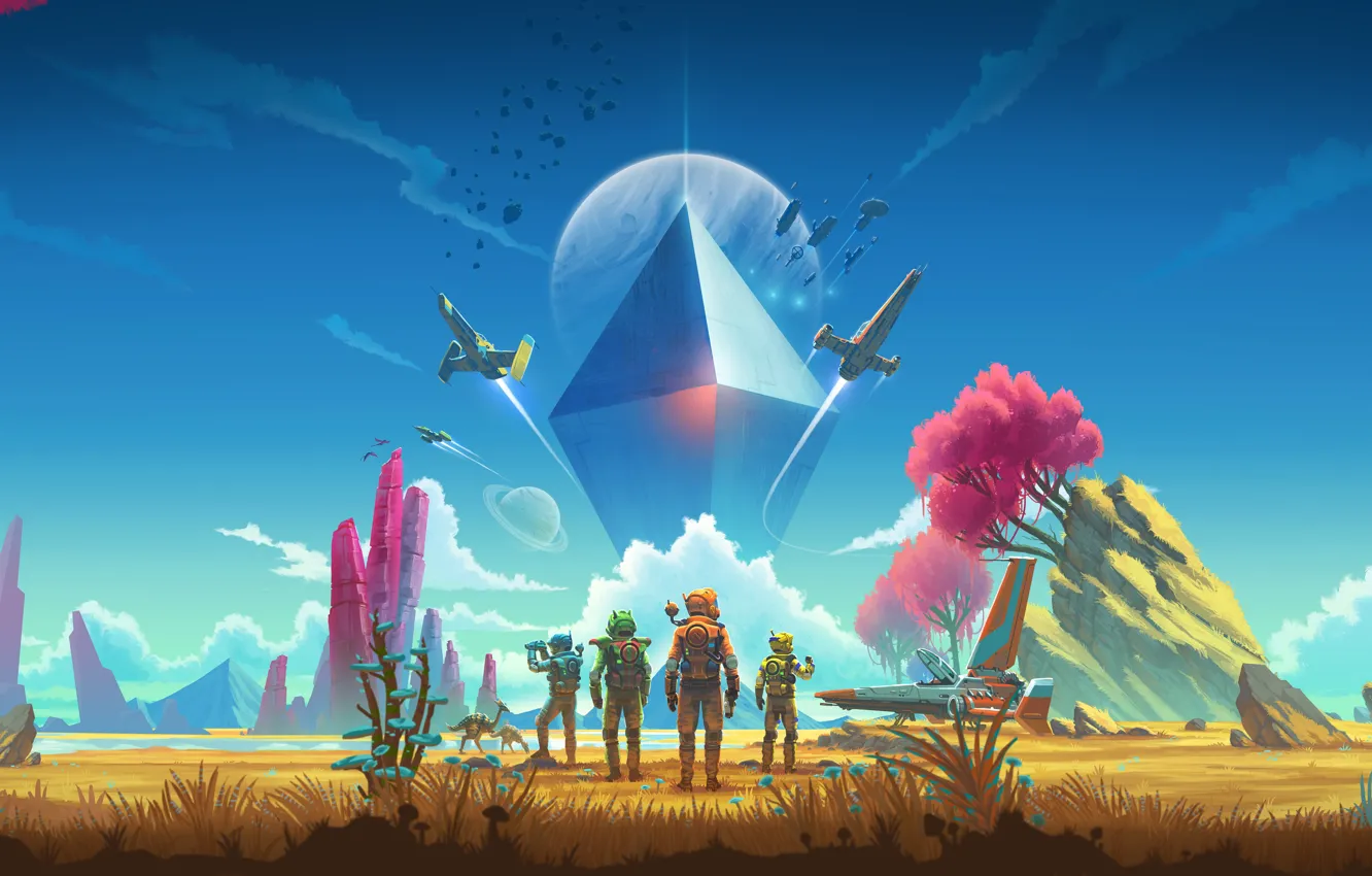 Photo wallpaper landscape, nature, astronaut, game, another world, starship, No Man’s Sky