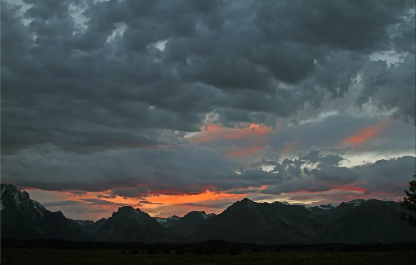 Photo wallpaper the sky, sunset, mountains, clouds, nature, rocks, the evening, Wyoming