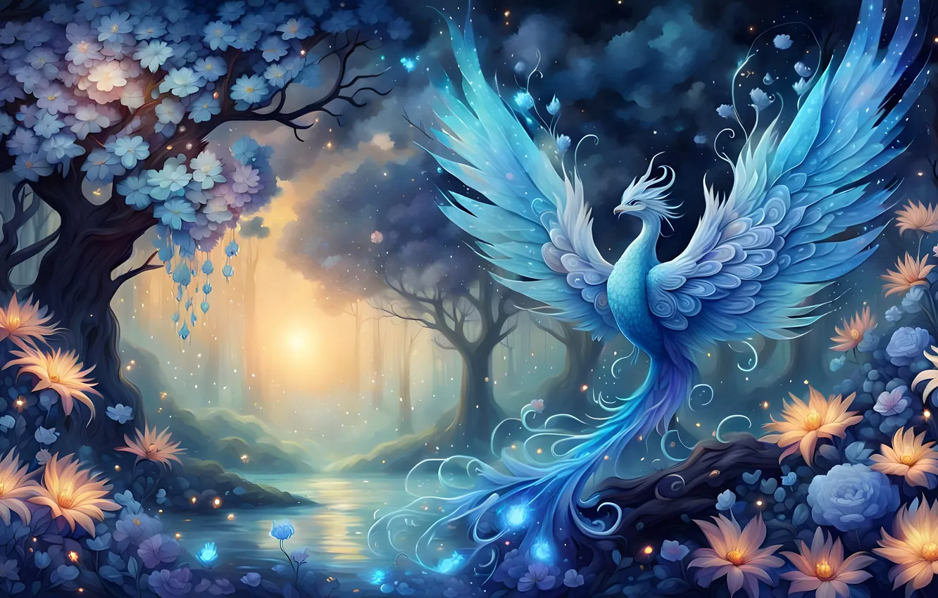 Photo wallpaper forest, flowers, bird, tale, The fabulous bird