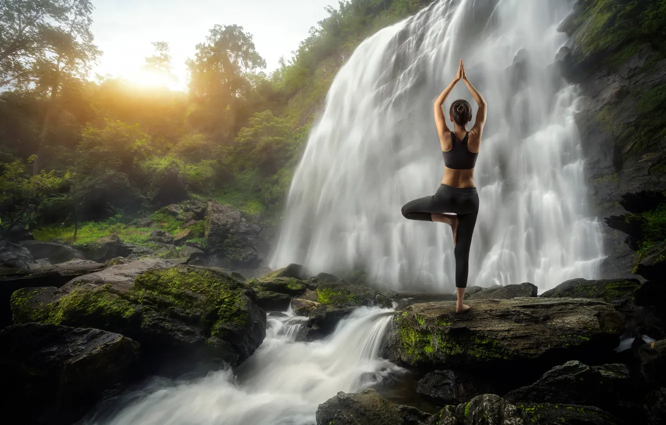 Photo wallpaper girl, waterfall, yoga