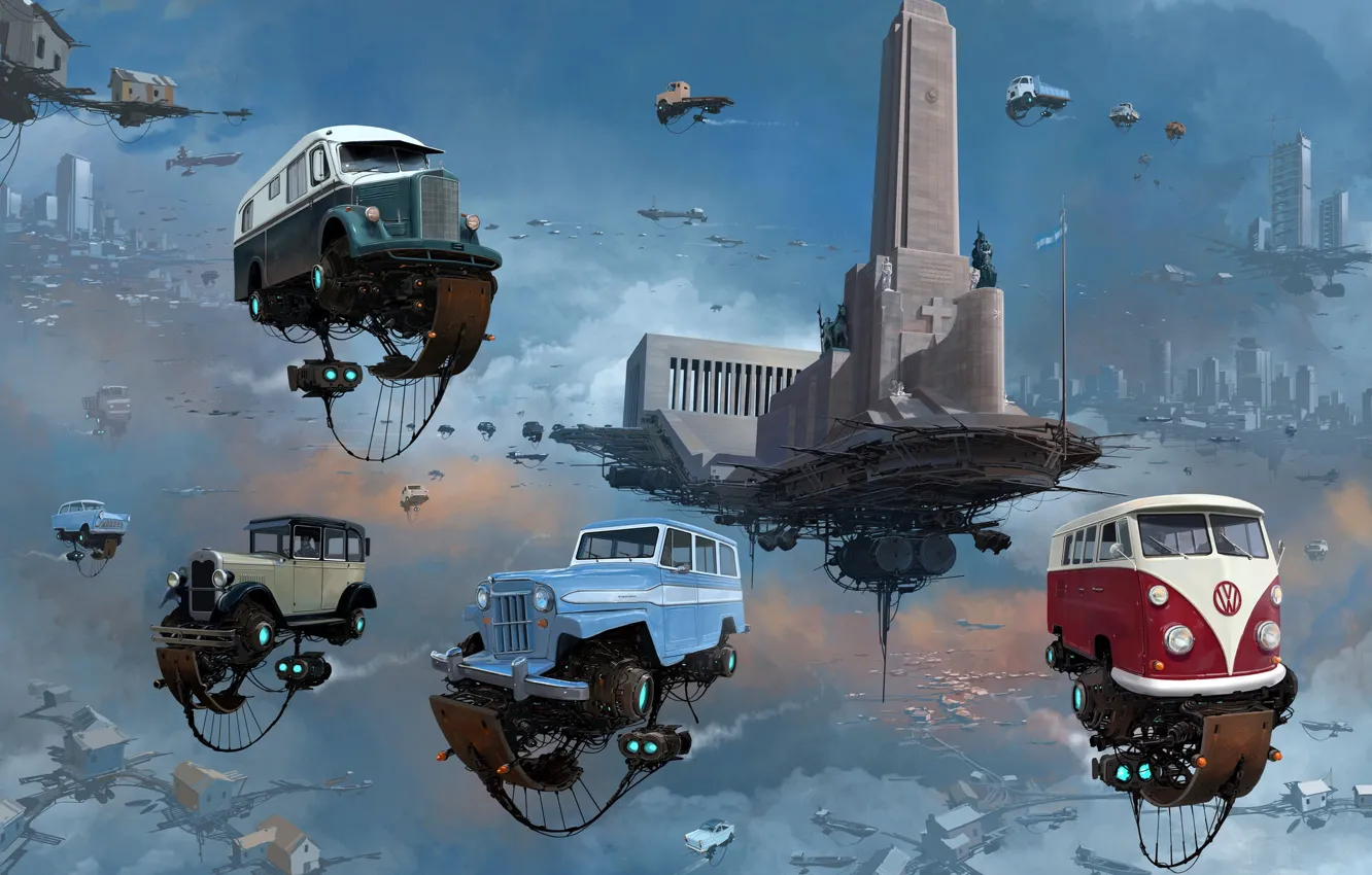 Photo wallpaper machine, auto, the sky, city, the city, retro, fiction, transport