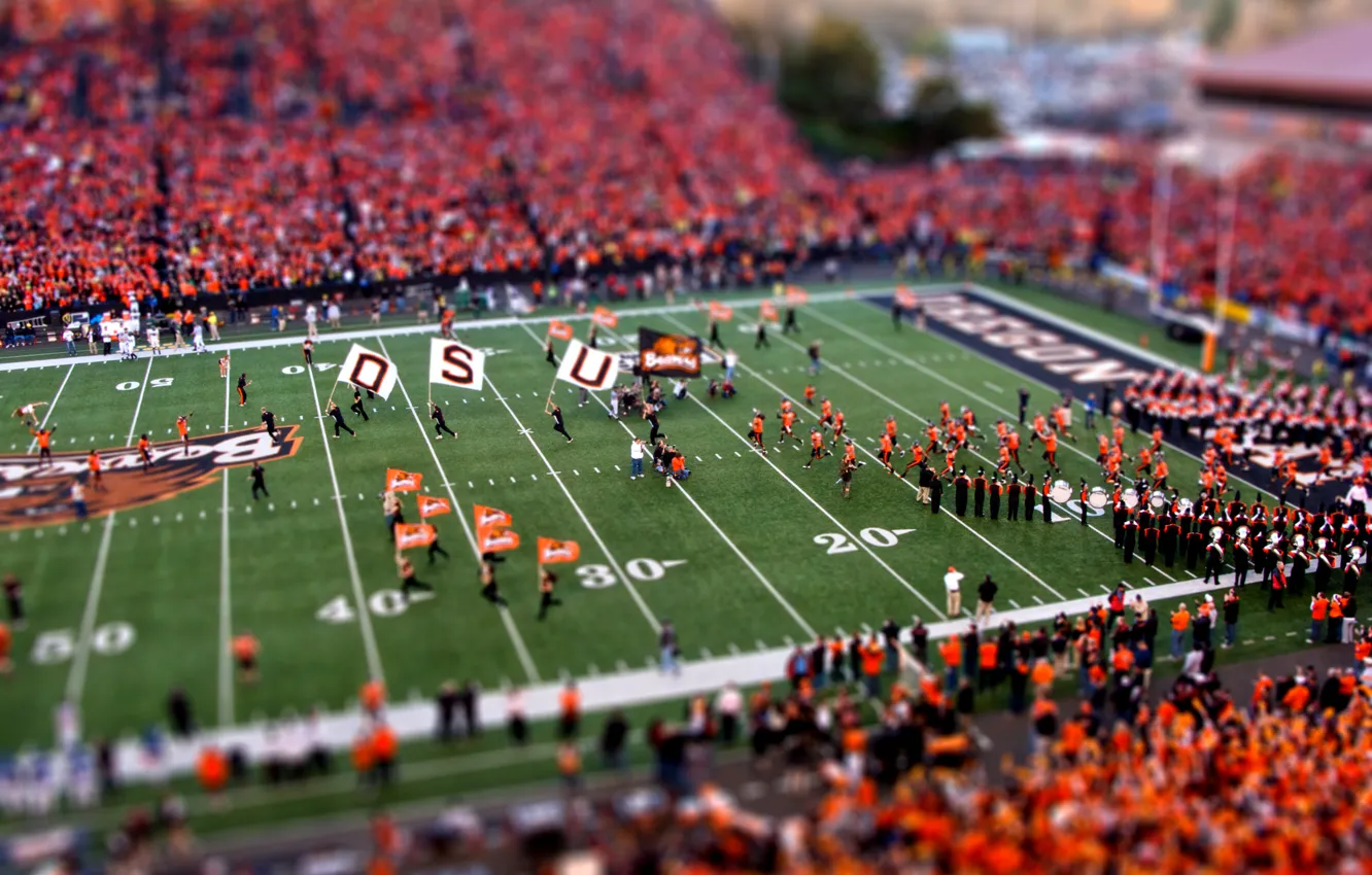 Photo wallpaper orange, people, color, American football, tilt-shift