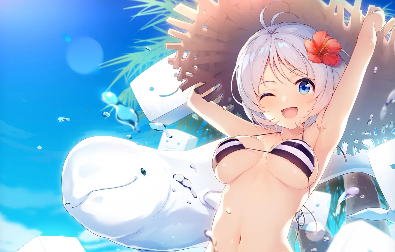 Photo wallpaper girl, sexy, cleavage, boobs, anime, blue eyes, beautiful, short hair