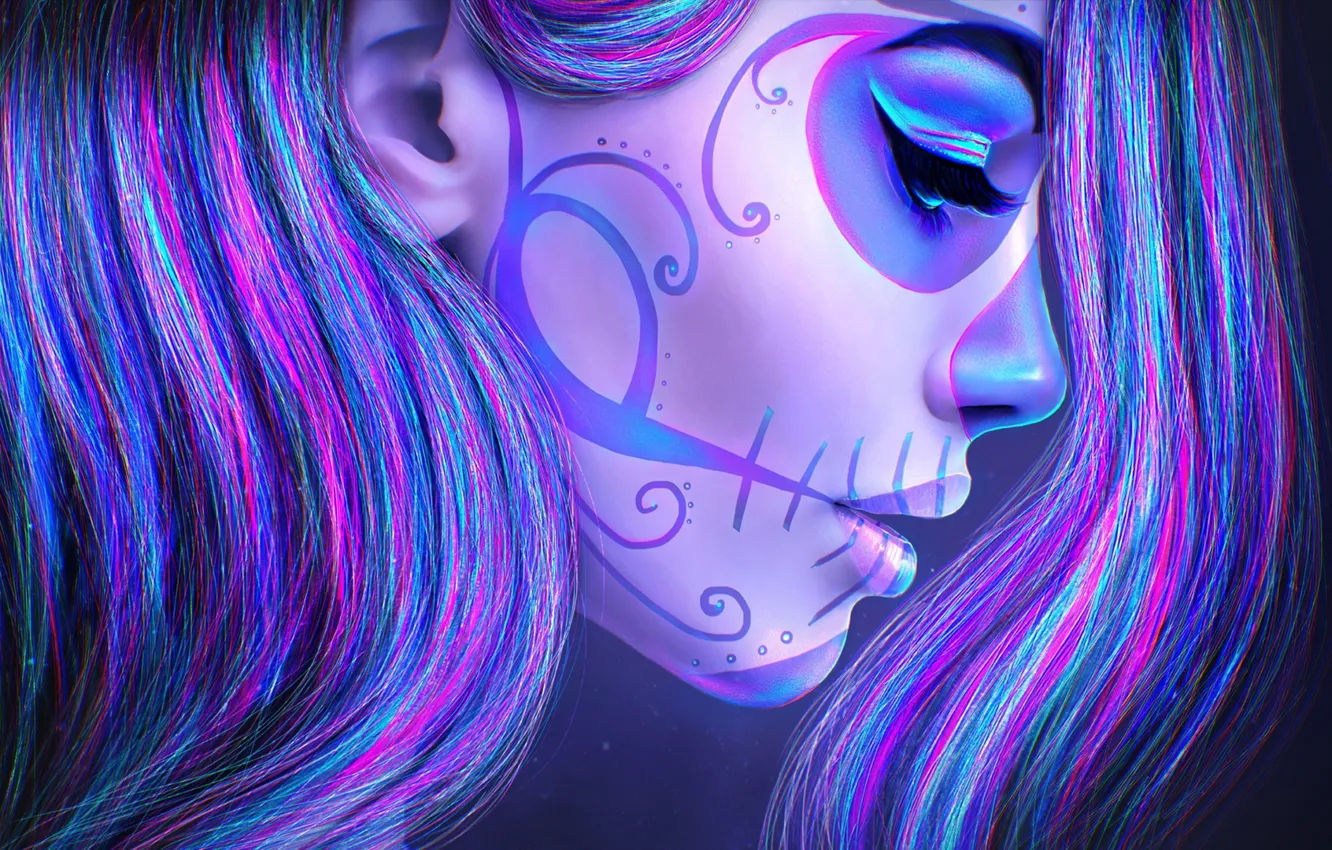 Photo wallpaper girl, face, death, hair, skull, beauty, makeup, tattoo
