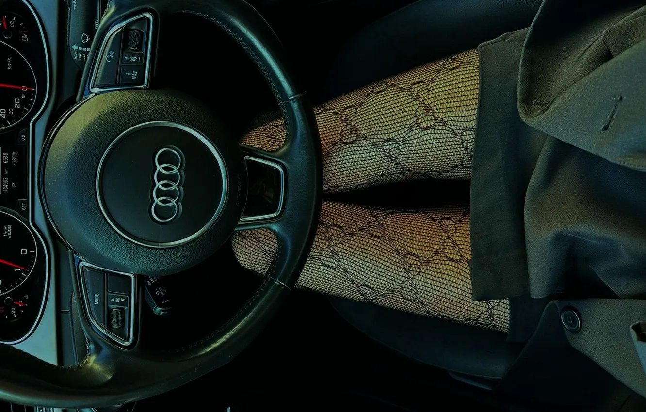 Photo wallpaper auto, girl, Audi, feet, the wheel, tights, slender legs