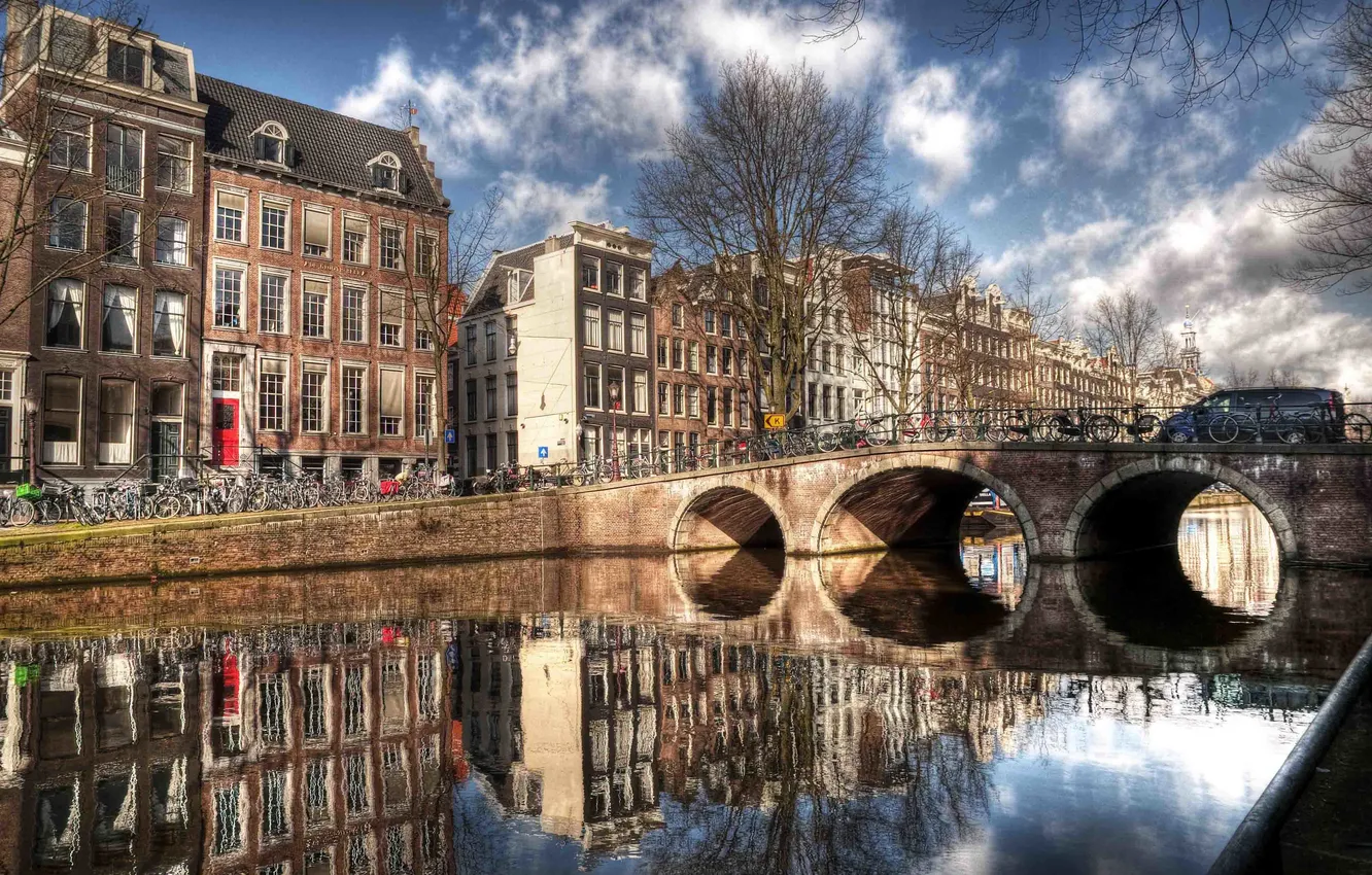 Photo wallpaper bridge, reflection, river, home, Amsterdam, Amsterdam