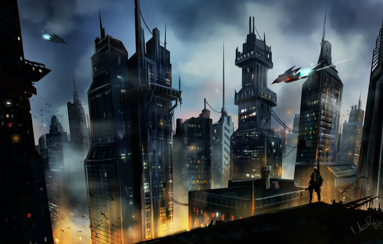 Photo wallpaper the city, lights, bird, building, cityscape