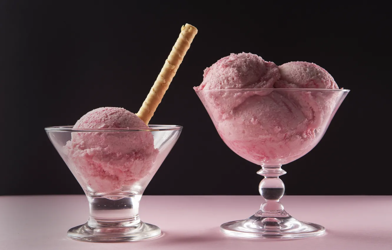 Photo wallpaper glass, ice cream, pink, black background, dessert, delicious, tube, bowl