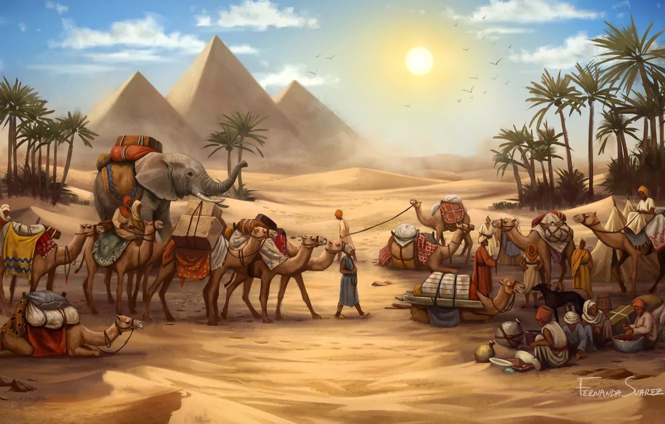 Photo wallpaper Figure, The game, Caravan, Pyramid, Egypt, Elephant, Art, Game