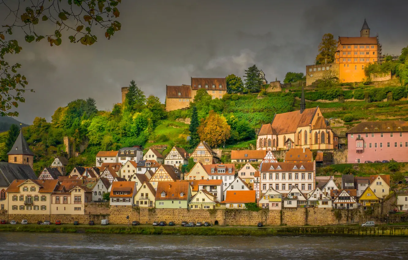 Photo wallpaper autumn, river, building, home, Germany, Germany, Hesse, Neckar River