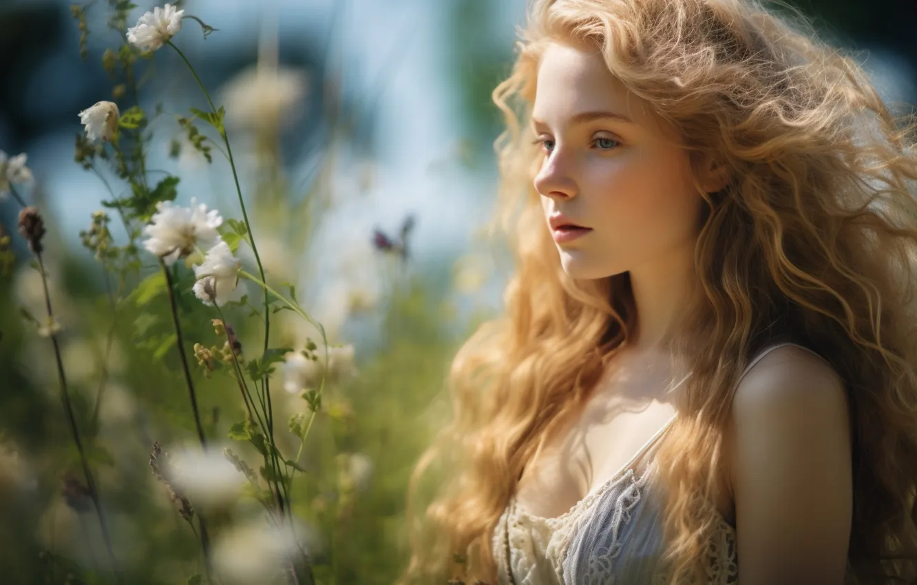 Photo wallpaper summer, look, girl, flowers, nature, face, pose, portrait