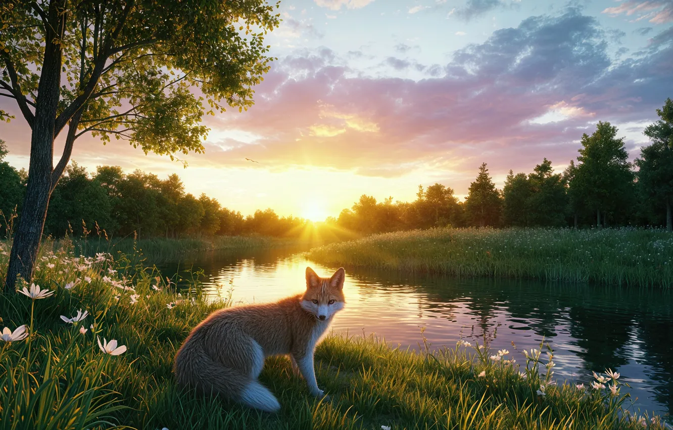 Photo wallpaper forest, Fox, pond, AI art, neural network