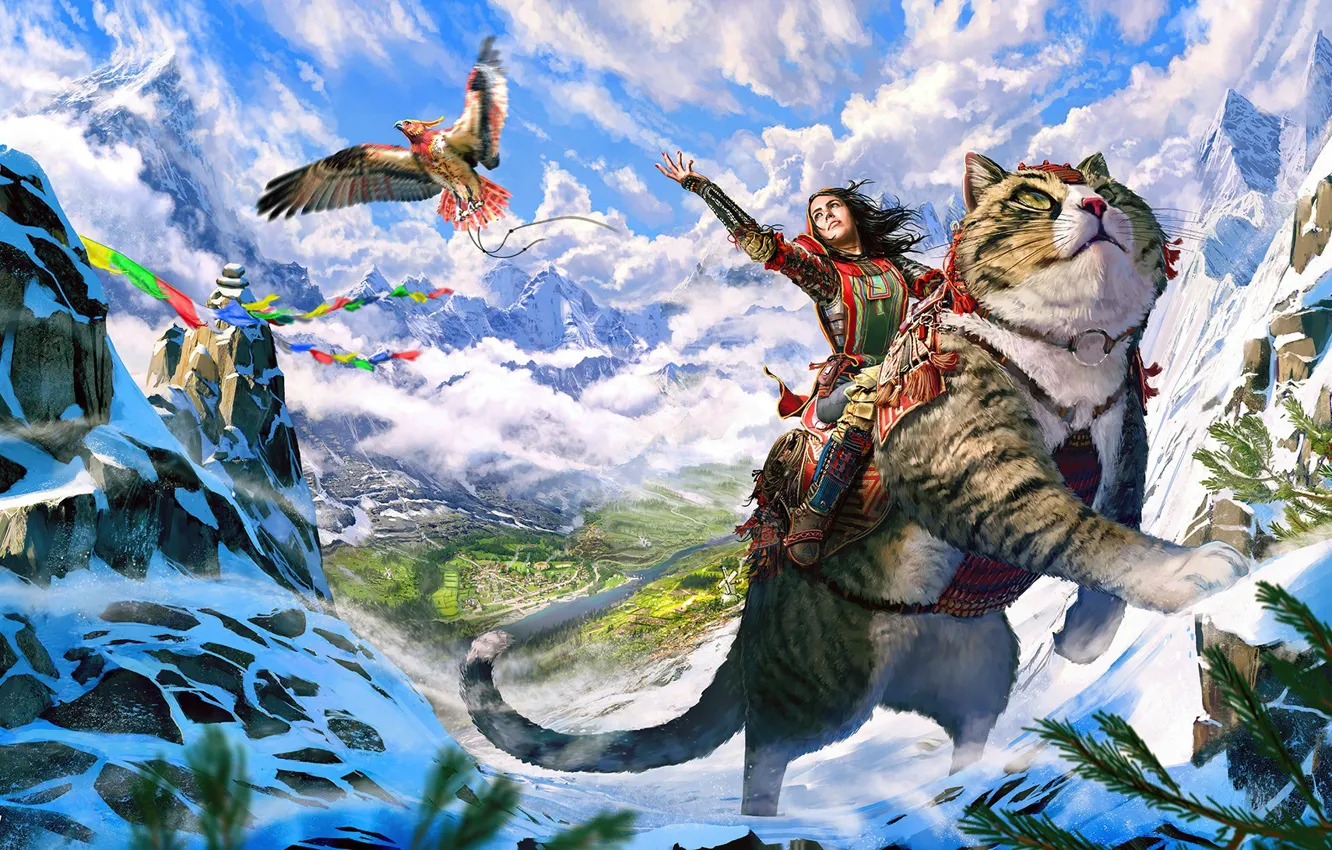 Photo wallpaper cat, mountains, bird, woman, Journey's Start